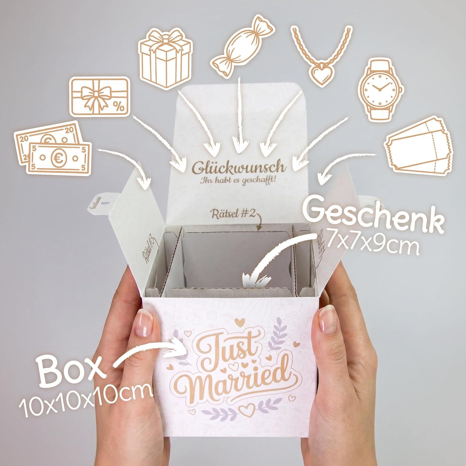 Abmessungen der Hochzeitsbox und Beispiele für passende kleine Geschenke