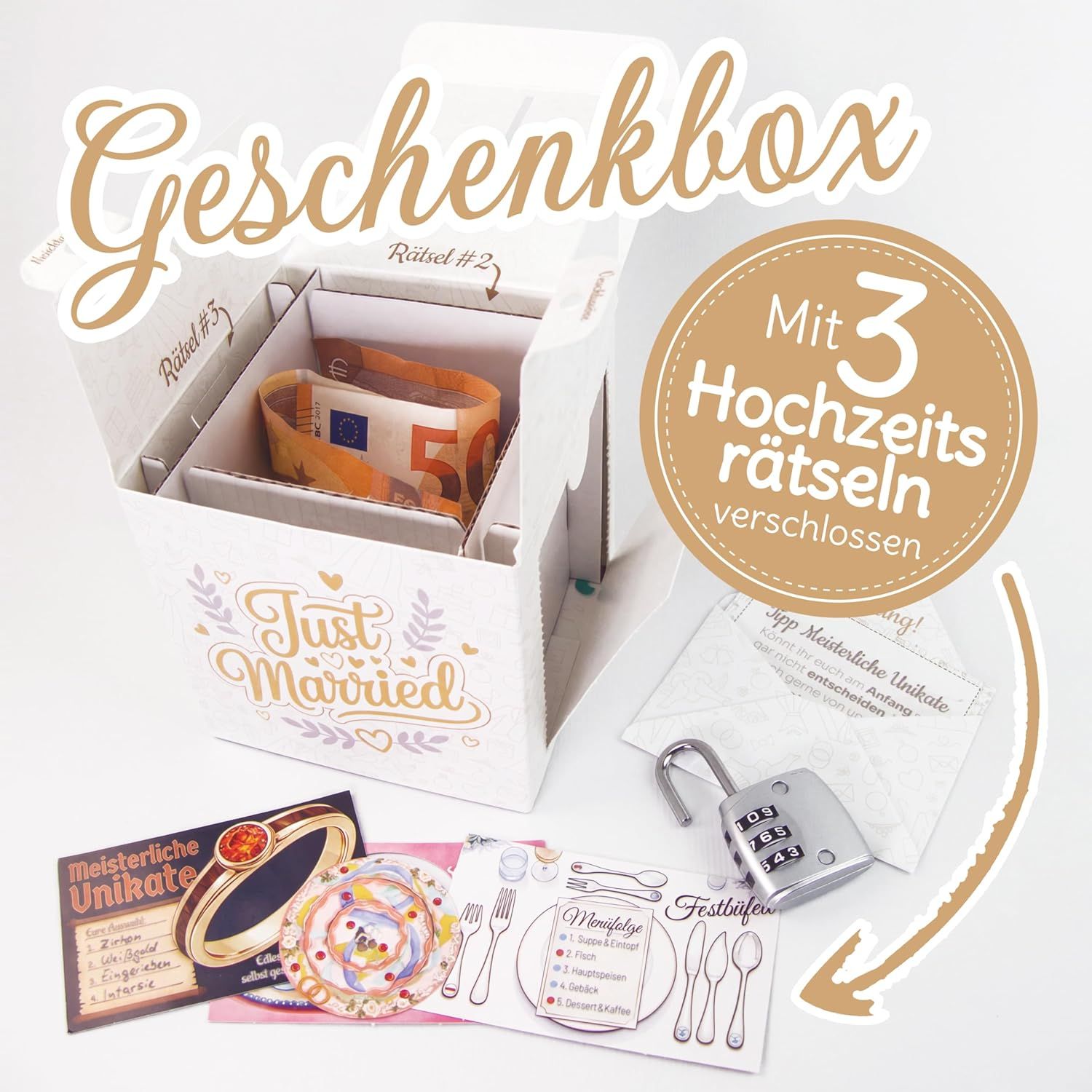 Geöffnete QUESTIX Hochzeitsbox mit Geschenkfach und Zahlenschloss