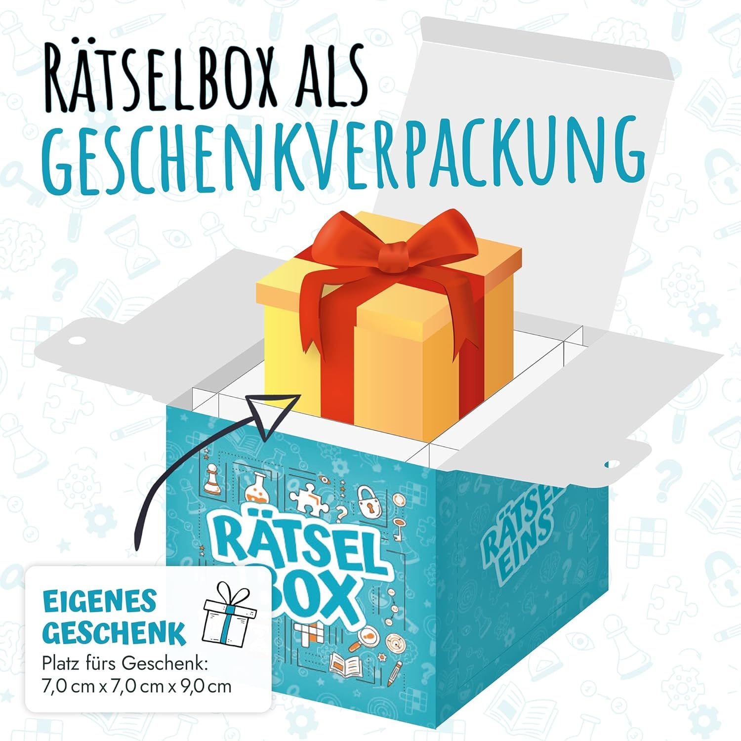 Geöffnete Rätselbox mit Platz für ein Geschenk bis 7 mal 7 mal 9 Zentimeter