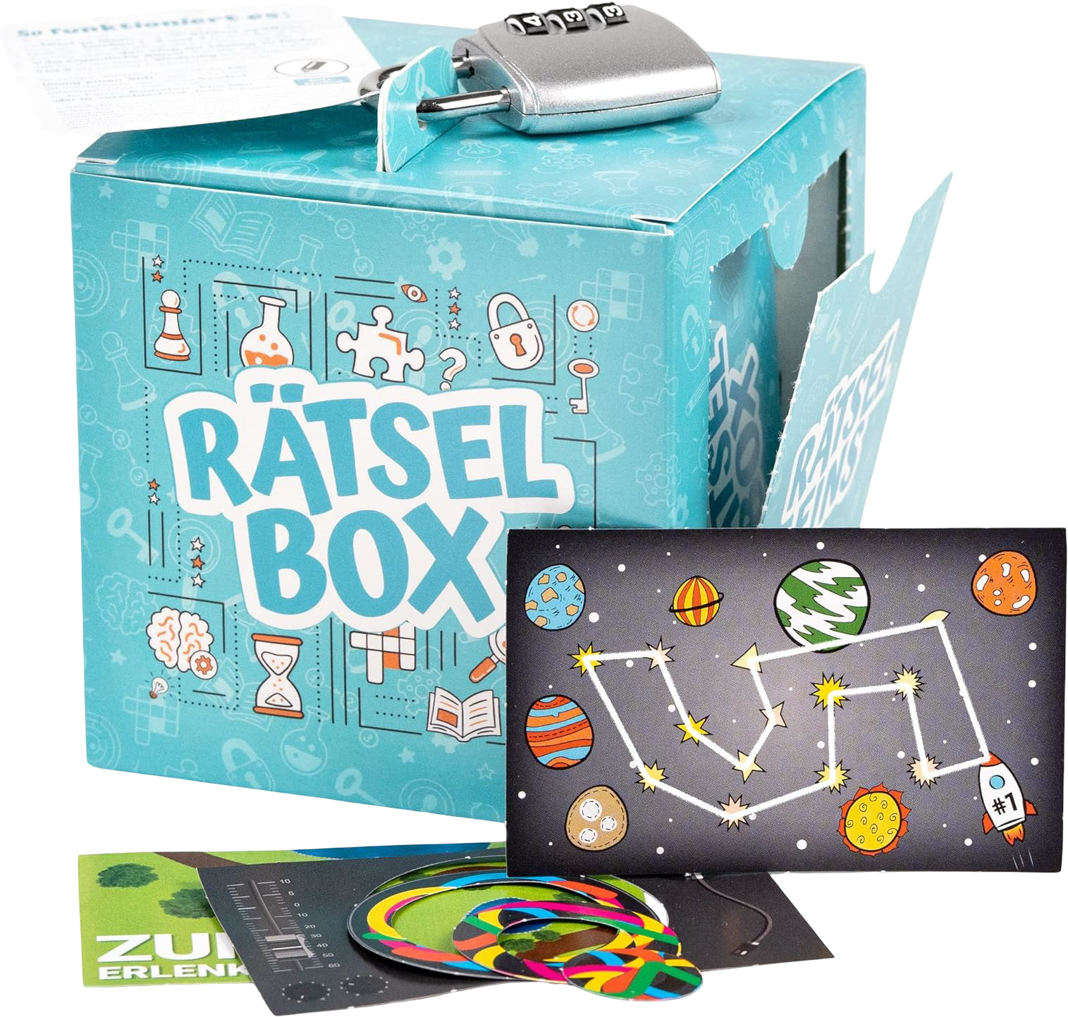 QUESTIX Rätselbox mit Zahlenschloss und verschiedenen Rätselkarten