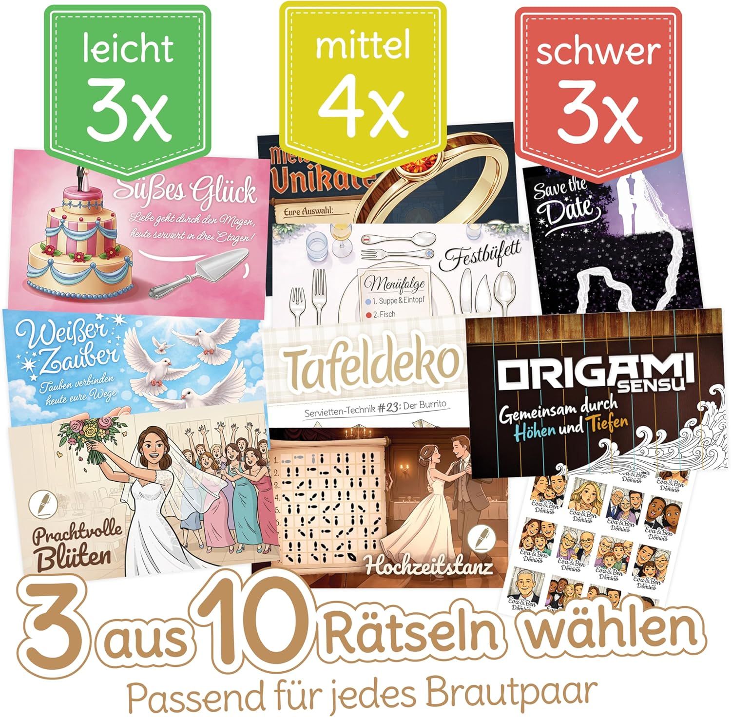 Zehn Hochzeitsrätsel in drei Schwierigkeitsstufen zur freien Auswahl