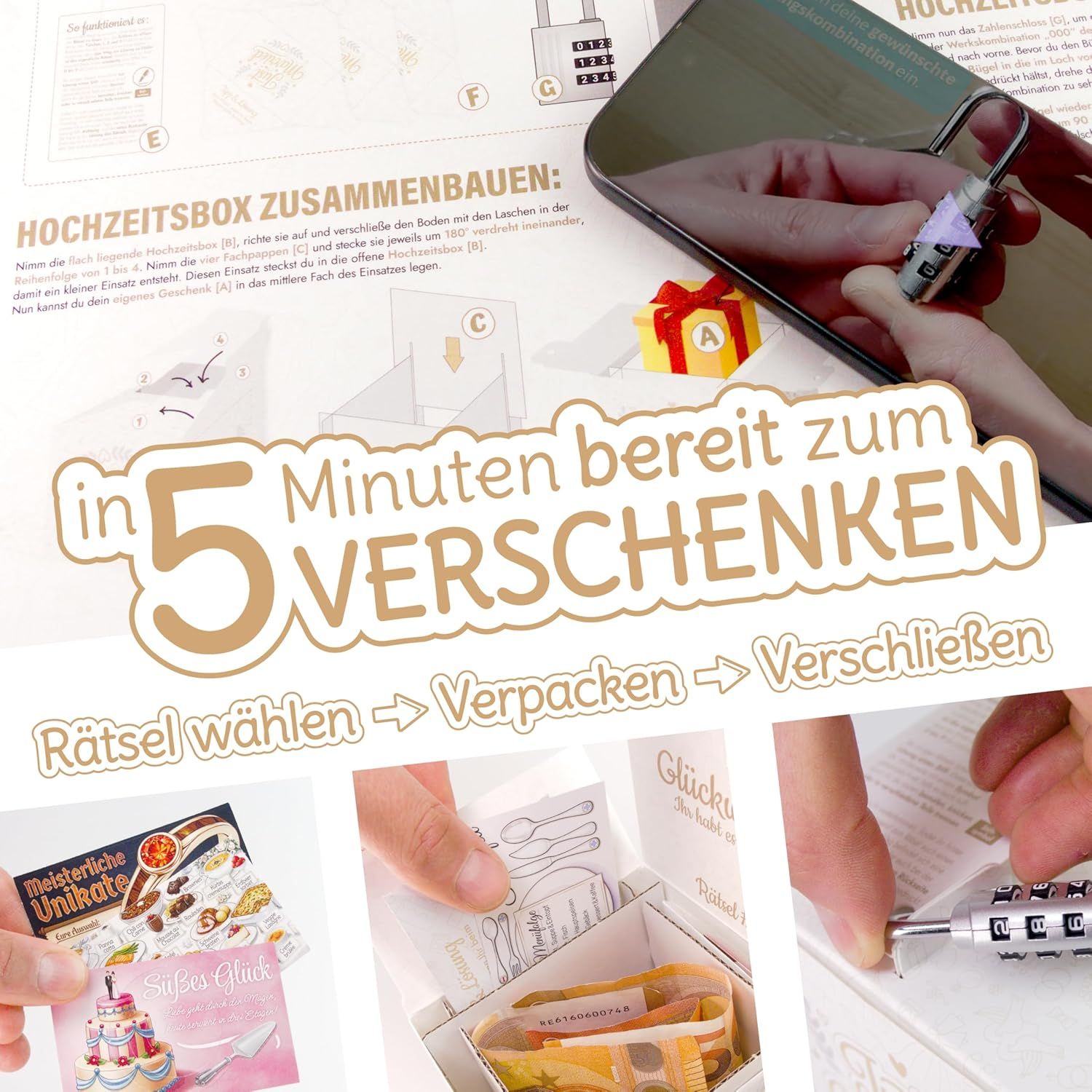 Die Hochzeitsbox wird in fünf Minuten mit Rätseln und Geldgeschenk vorbereitet